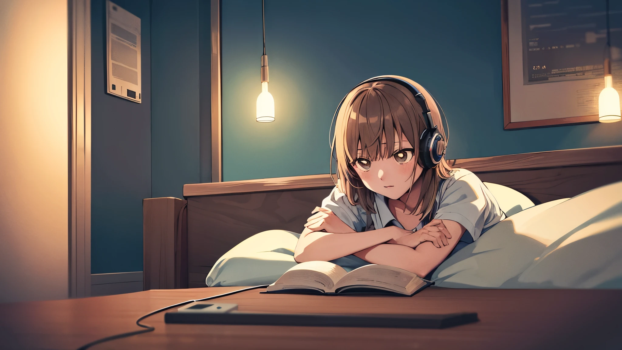 masterpiece, best quality, highres, aachinatsu, medium hair, Girl listening to music in cozy room at night, Use headphones, 2D style anime, lo fi, hard disk, dark environment