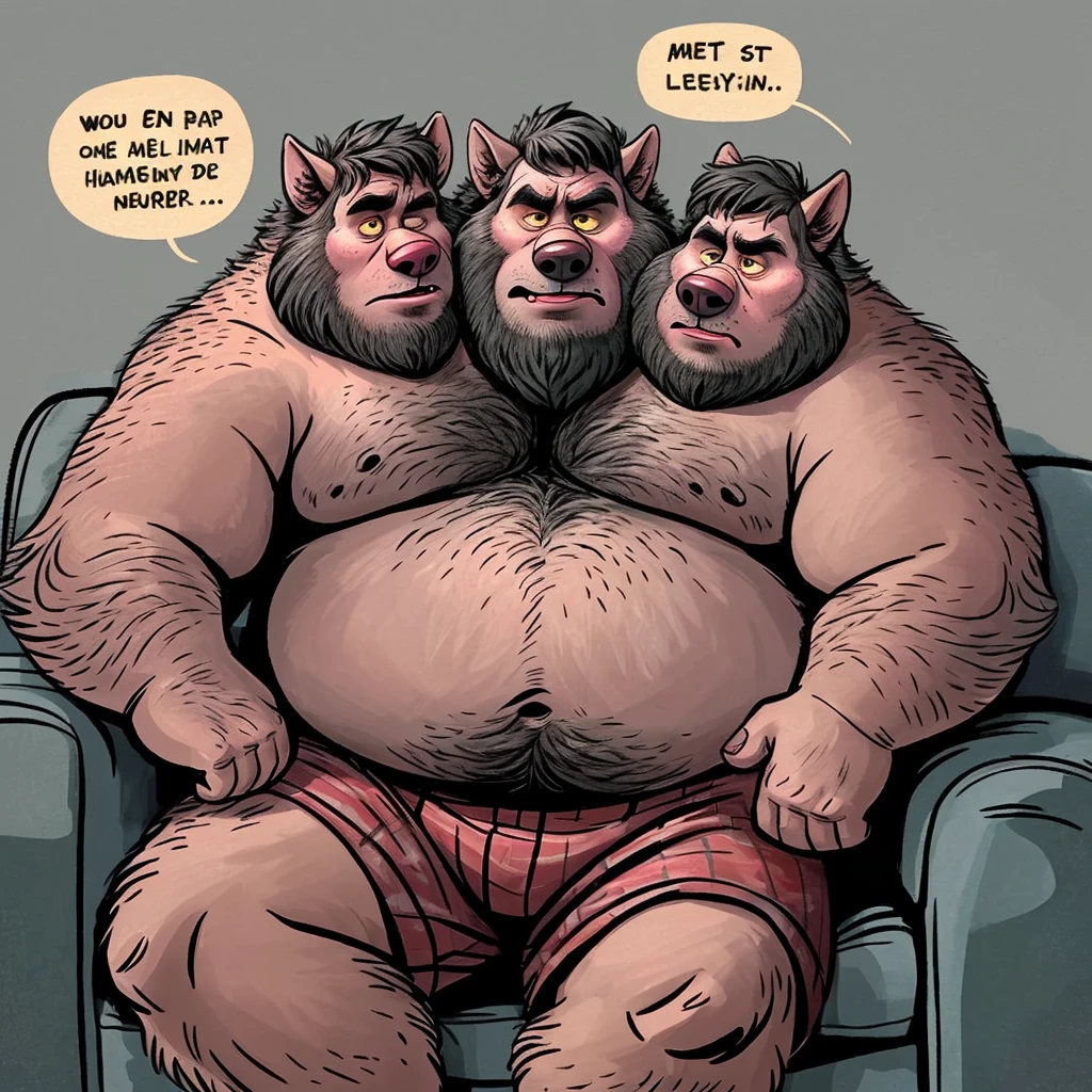 solo, (three headed wolf), adult male, hairy, detailed eyes, by dramamine, by disney, by pixar, (identical:1.9), obese, gray background, shirtless, boxers, navel, speech bubbles:1.5, correct hands, ultradetailed, natural pose, ((tired, annoyed, frowning, eye contact)), beard, sitting on couch, yellow eyes