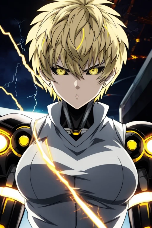 genos, anime, one punch, 1girl, female focus, solo, (electricity), shirt, yellow eyes, blonde hair, short hair, tomboy, colored sclera, looking at viewer, cyborg, serious, best quality, large breasts,
