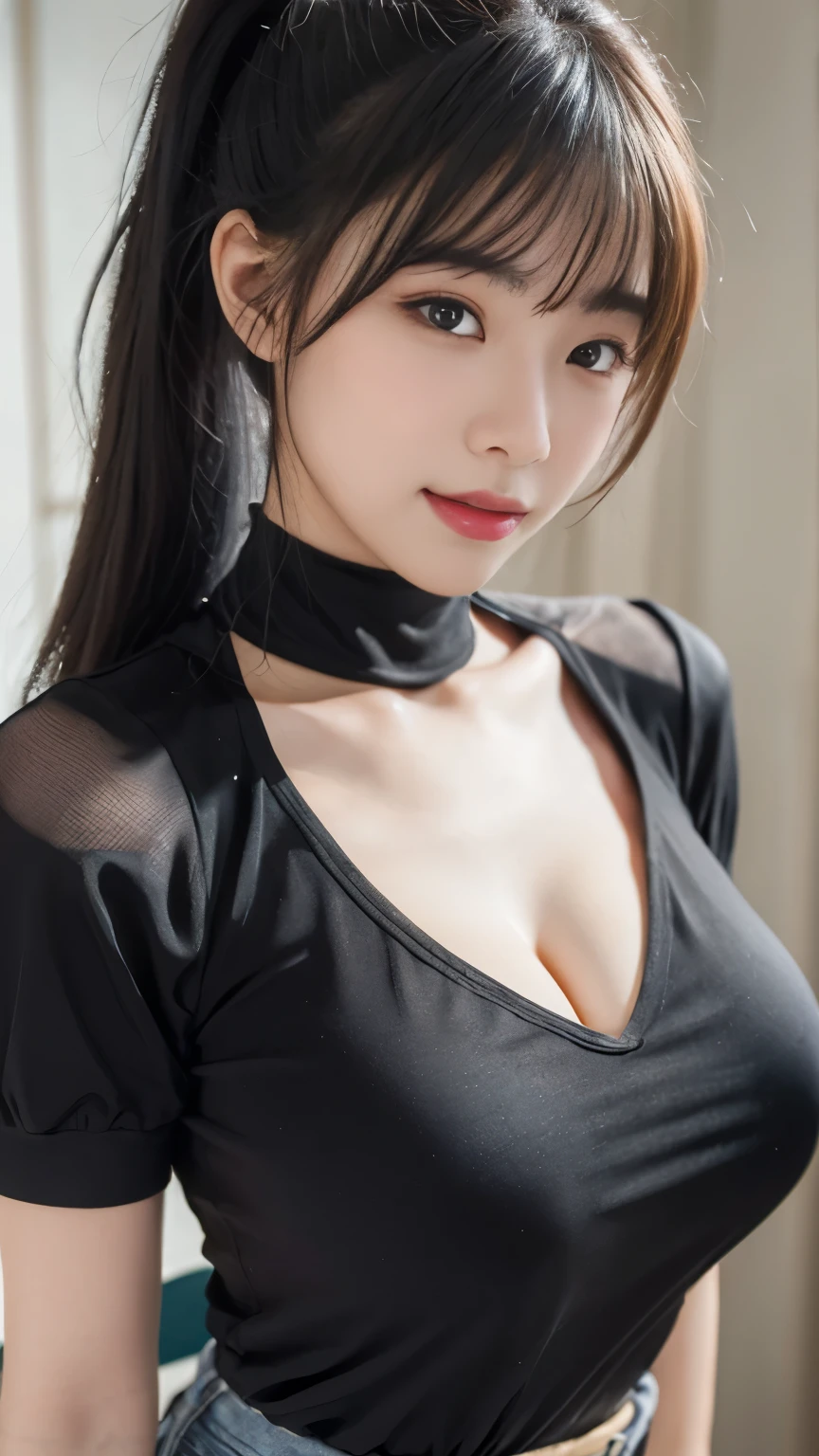 1 girl, overflow,, (Curved body:0.8), Uncensored,
The face of an angel, Detailed face, beautiful girl, Lovely,
backlight, facial light, whole body (Smiles and expressions of sleepiness and ecstasy: 1.2)
(sharp focus: 1.4), Detailed eyes, (Curvy figure: 0.5), (Long black ponytail: 1.2), T-shaped short sleeves, jeans,
black eyes, best quality, ultra high resolution, (lifelike: 1.4), (Camera focuses on face), (view from below), heterosexuality, (pure face_v1:0.6)Show breasts,exposing her chest,Show breasts,huge ,huge breasts,Show breasts,exposing her chest,