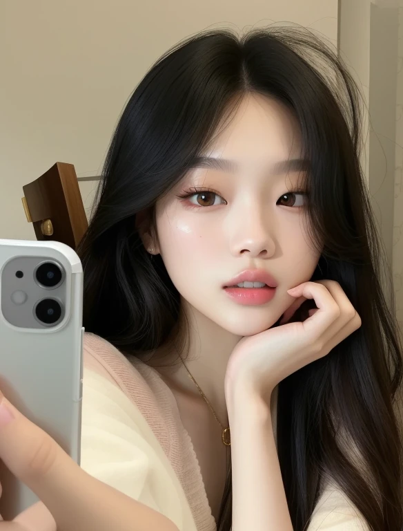 there is a woman taking a selfie with her cell phone, Jennie Blackpink, Jennie Blackpink, Jennie Blackpink, linda mulher sul-coreana, young lovely korean face, Jennie Blackpink, Korean facial features, linda jovem coreana, adorable and pale korean face, coreana, linda jovem coreana, selfie, Ulzzang, Jennie Blackpink