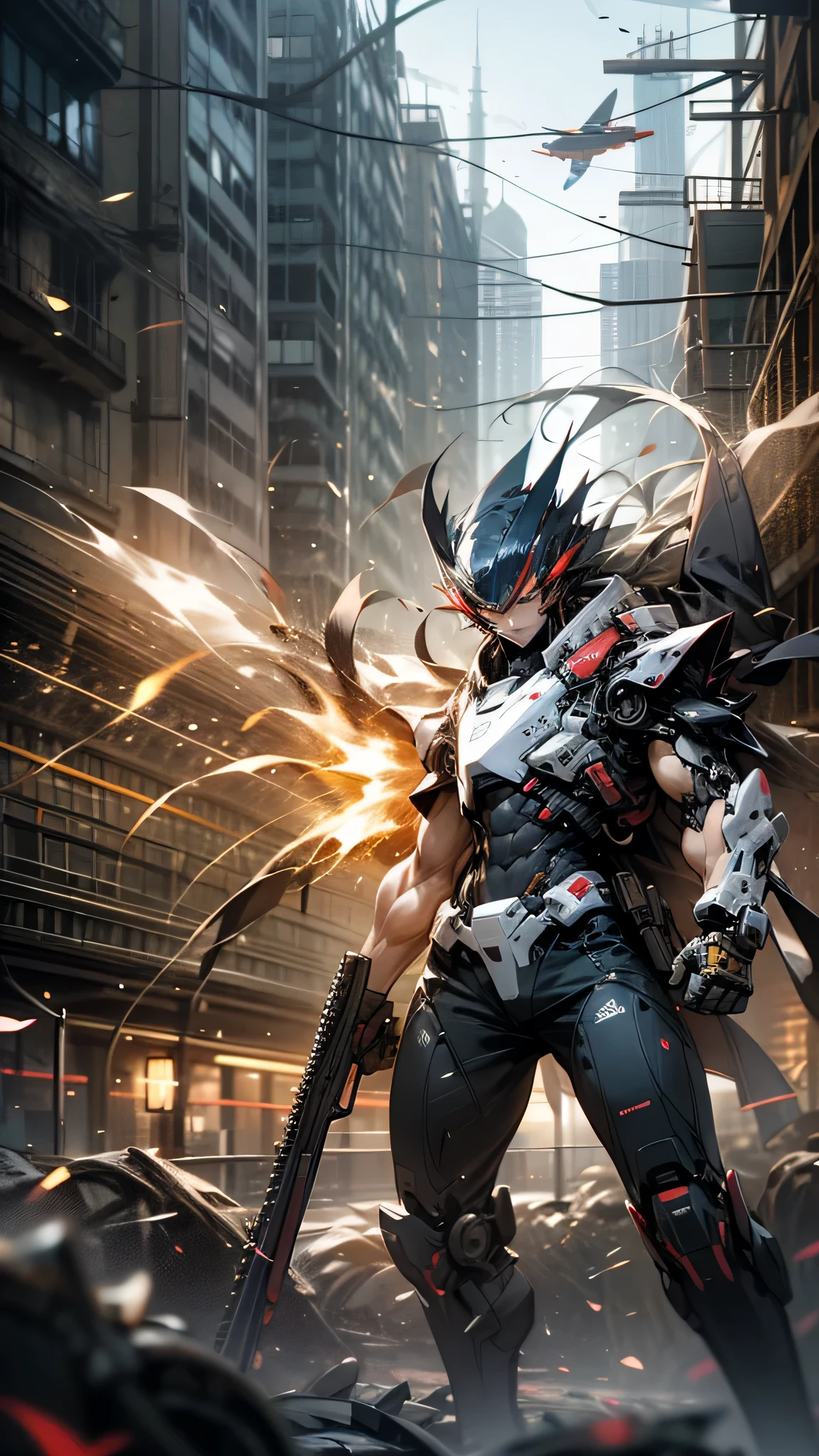 最high quality、best image quality、masterpiece、huge robot((damaged white body、blue light body line、destroyed right arm、Missing left foot、damaged jetpack、Shotgun equipment、sparks come out from the body、red visor、original head、muscular、bulletproof vest)),high quality、beautiful art、background((city、explosion、air raid)),debris flies、Depth of written boundary、movie、visual art、perfect art、8K,genuine