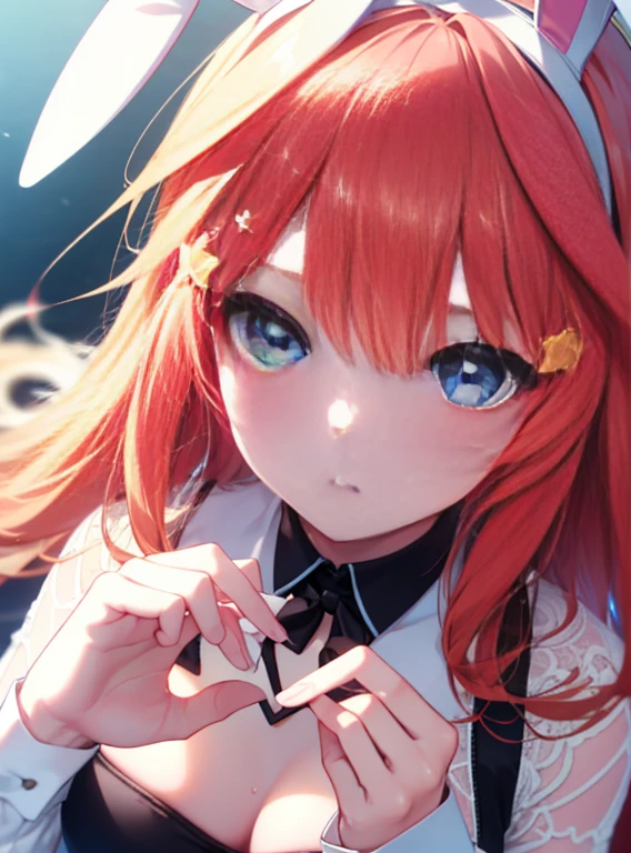 Satsuki Nakano, Itsuki Nakano, bangs, blue eyes, hair between eyes, Ahoge, redhead, star \(symbol\), hair ornaments, star hair ornaments,(Bunny girl:1.5),(red playboy bunny:1.0),red bunny ear headband,destroy the stage (masterpiece:1.2), highest quality, High resolution, unity 8k wallpaper, (figure:0.8), (beautiful and fine eyes:1.6), highly detailed face, perfect lighting, Very detailed CG, (perfect hands, perfect anatomy),