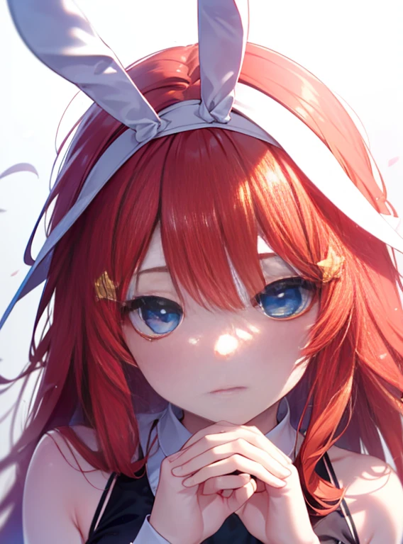 Satsuki Nakano, Itsuki Nakano, bangs, blue eyes, hair between eyes, Ahoge, redhead, star \(symbol\), hair ornaments, star hair ornaments,(Bunny girl:1.5),(red playboy bunny:1.0),red bunny ear headband,destroy the stage (masterpiece:1.2), highest quality, High resolution, unity 8k wallpaper, (figure:0.8), (beautiful and fine eyes:1.6), highly detailed face, perfect lighting, Very detailed CG, (perfect hands, perfect anatomy),