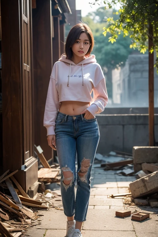 Beautiful girl large breasts,masterpiece, Short, straight hair Wear an old pink cropped long-sleeved hoodie. Long brown ripped pants Old brown canvas shoes Standing alone in the rubble of an temple building. The sun shines in the evening, (RAW photo:1.2), (photorealistic:1.4), shot by Sony alpha 7 iv, 85mm lens, f/1.4, ISO 100, (masterpiece:1.2), (intricate detailed), (best quality:1.2), (professional photography), (realistic:1.5), (soft light:1.3), (defuse lighting:0.7), (ambient lighting:0.6), (rim lighting,:1.2), fine textures, (depth of field:1.2), (bokeh:1.2), (face focus:1.5), film overlay, film grain,