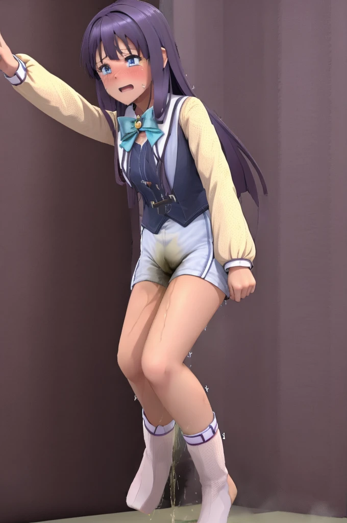 ((high quality)), ((masterpiece)), 8k, Peeing self, Have to pee, Anime, looking at camera, embarrassed, blush, pee stain, pee stain on skirt, peeing, yellow pee, tears, crying, out of breath, sweating, blue eyes, purple hair, one girl, no diaper, 2 legs, 2 arms