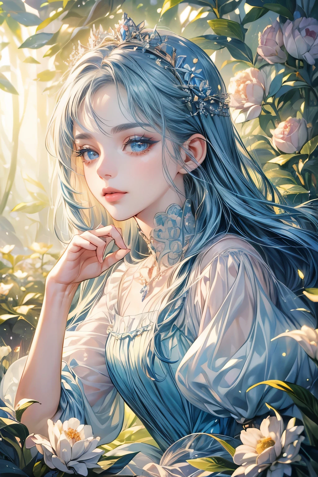 (best quality:1.4), (masterpiece:1.4), ultra-high resolution, 8k, CG, (exquisite:1.2), upper body, one girl, alone, Thumbelina, little princess, blue taffeta court gown, forest background, detailed facial features, almond-shaped eyes, intricate eye makeup, long eyelashes, bright and clear big eyes with a starry gaze, detailed lip features, soft style