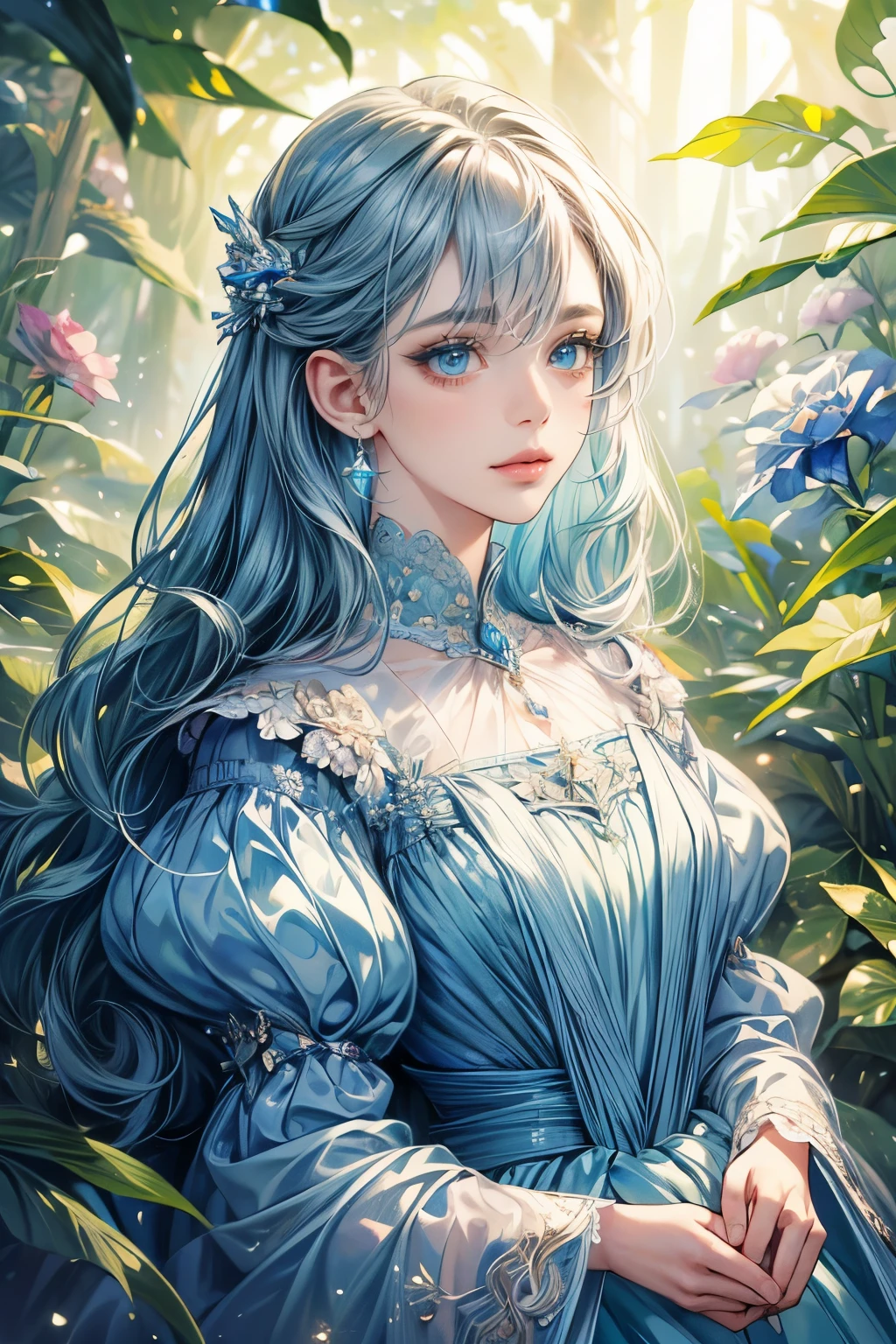 (best quality:1.4), (masterpiece:1.4), ultra-high resolution, 8k, CG, (exquisite:1.2), upper body, one girl, alone, Thumbelina, little princess, blue taffeta court gown, forest background, detailed facial features, almond-shaped eyes, intricate eye makeup, long eyelashes, bright and clear big eyes with a starry gaze, detailed lip features, soft style