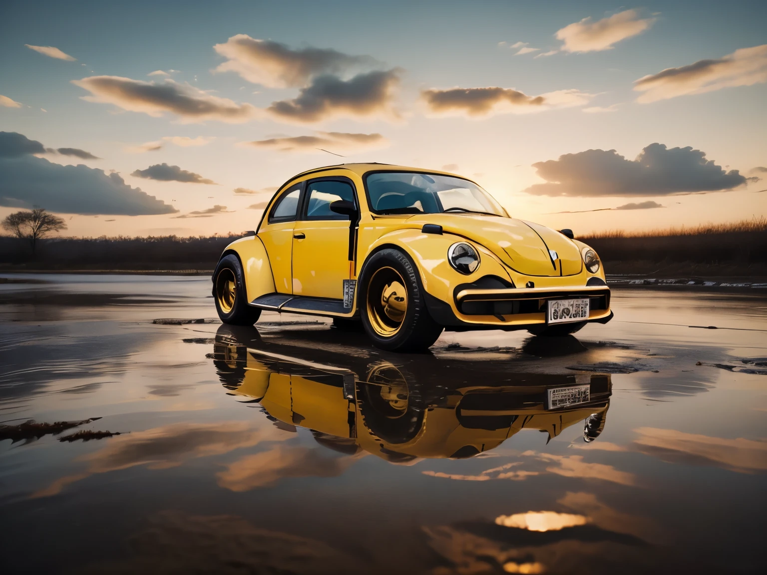 Yellow VW Beetle, golden hour, yellow ray lighting, post-apocalyptic sunrise at the end of the world. car reflected by water puddles on the ground. cinematic.