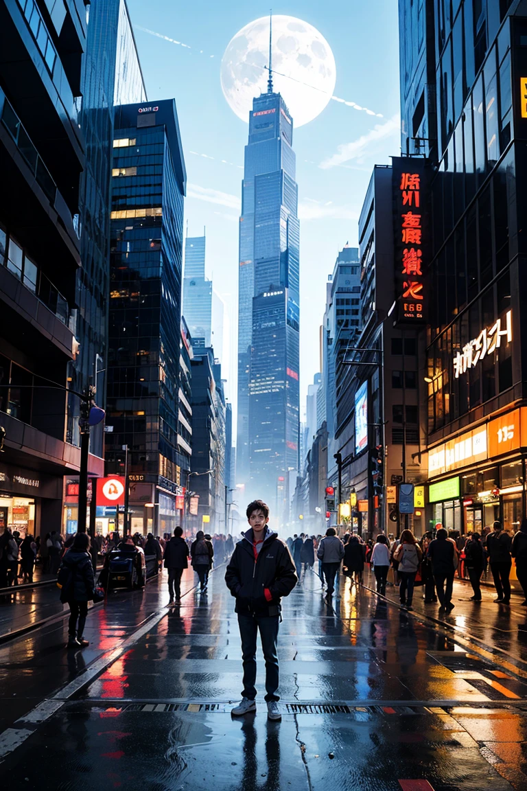 1 boy,(-yeld bo.5)、Anime-style protagonists、cyberpunk boy、Colorful clothes,Not wearing pants,Big cocks 、silver hair、Sharp hairstyles、machine gun、pistol、Blood all over the body.、Shoot from the knee up.、The beginning of the adventure、Mostly cloudy,Fog、big moon、lightning、be in confusion city of the future、Dystopia、A group of very tall skyscrapers stands in the middle.、Very complex cityscape,Busy Chinese skyscrapers、High Radio Tower、tree、Road Signs、street light、taxi、Bus、train、blue light,Dark Street、puddle、be in confusion、Beautiful and amazing scenery.、movie scenery、High quality、table top,in 8K、high resolution、