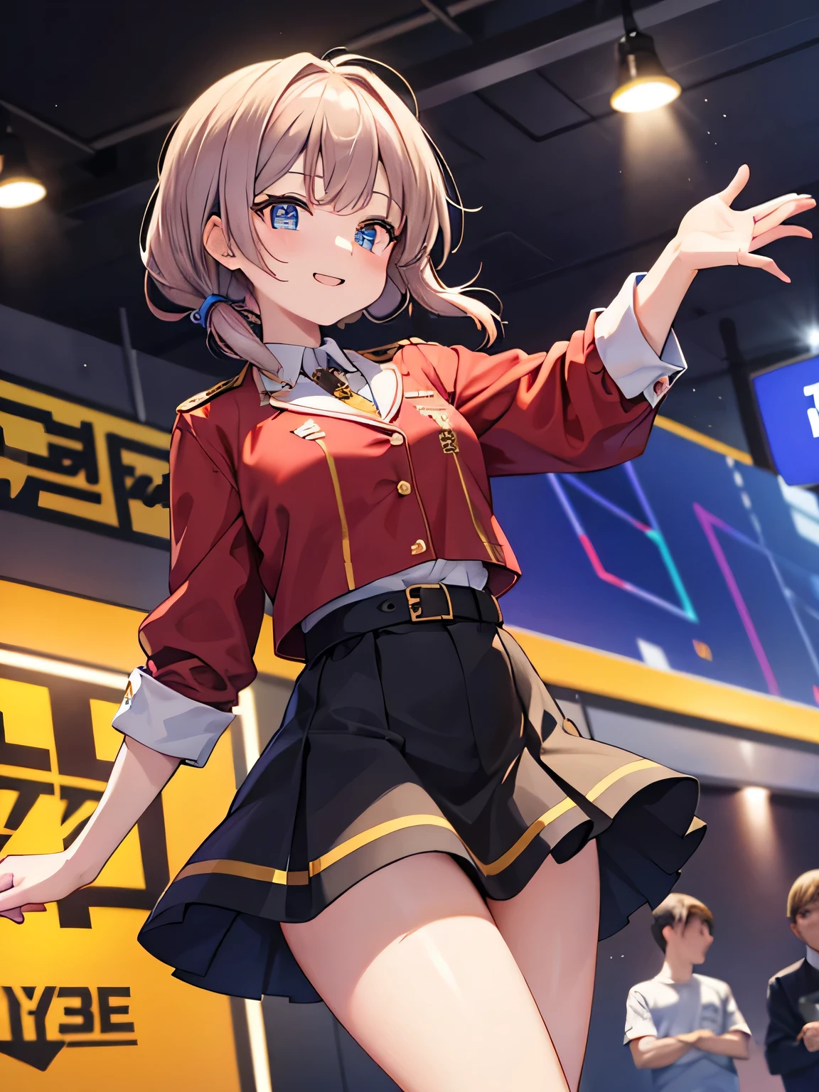 (1) A woman stands with her hands out in front of her.
(2) The woman is an idol and wears a gorgeous costume with a miniskirt..
(3) The woman is smiling broadly.
(4) Venue: Convention Hall, handshake event venue.