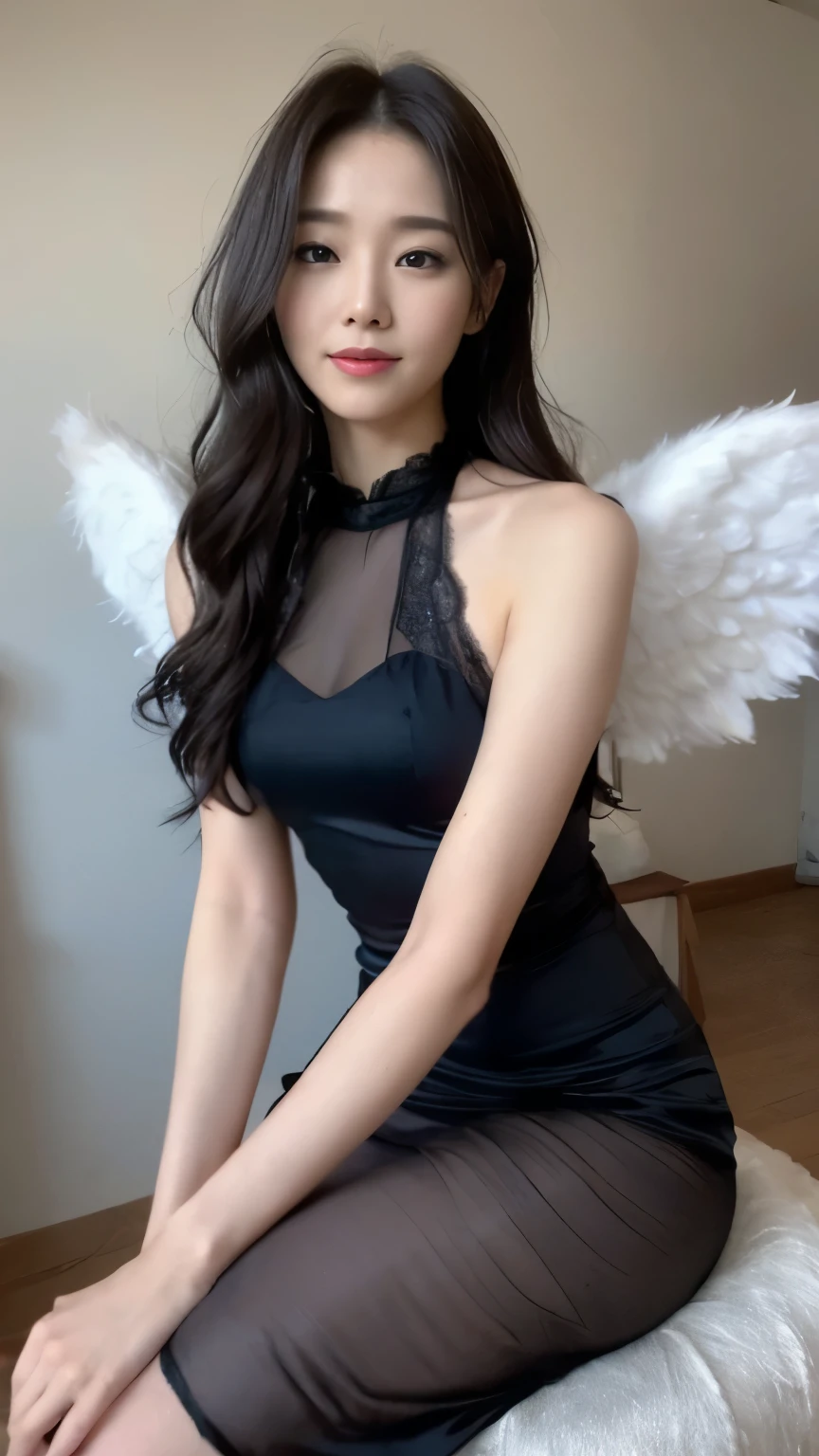 ((top-quality、8k、​masterpiece:1.3))、Beautiful woman with perfect body:1.4、slim abdomen:1.2、Longhair, normal breast, Highly detailed facial and skin texture, A detailed eye, delicate eyes, (smile), (full body shot), ((studio)), (sitting on chair), (((wearing black silk dress ))), looking in front, (plain grey background), (wearing angel wings)