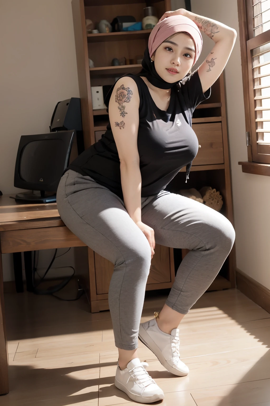 wanita berhijab syariah, wearing gold t-shirt, sneakers, chubby cheeks, chubby arm, chubby, glasses, big breast, chubby tight, wearing a hijab, bbw, bbc, cute girl, mature and plump, plump woman, clean and smooth pics, all star, high quality, best quality, good vibes, nice look, tattooed, gorgeous, elegant, high resolution, super extremely resolution, flower tattoos, Perfect angle, mature woman, milf, tight t-shirt, skinny, perfect look, t-shirt, dark room, smile shy, woman 40 years old, black t-shirt, chubby cheeks, Thigh-length pants, sweaty, full bodies, tank top, high heels, dimples, armpits, massive thighs