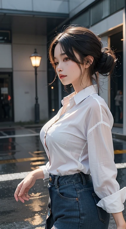((highest quality, 8K, masterpiece: 1.3)), sharp: 1.2, perfect body beauty: 1.4, slim abs: 1.2, ((layered hairstyles, big breasts: 1.2)), (Wet White Button Long Shirt: 1.1),No skirts or pants、No panties、Shirt buttons are open、 (rain, street: 1.2), Wet: 1.5, Highly detailed face and skin texture, fine eyes, double eyelid, profile looking at camera
