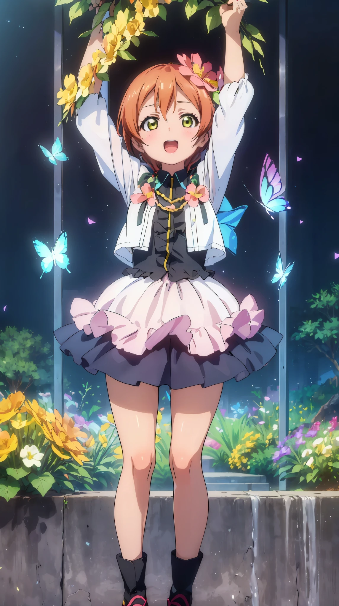 (((pixel-perfect, detail-perfect))), solo, 1girl, rin hoshizora, ((masterpiece, best quality, high quality)) flowers, shiny pillars, shiny butterflies, magical shiny garden, 1girl, solo, looking at the viewer, happy open mouth, black bear hoody, , toddler, 3-years old, green eyes, falling flowerpetals, standing 