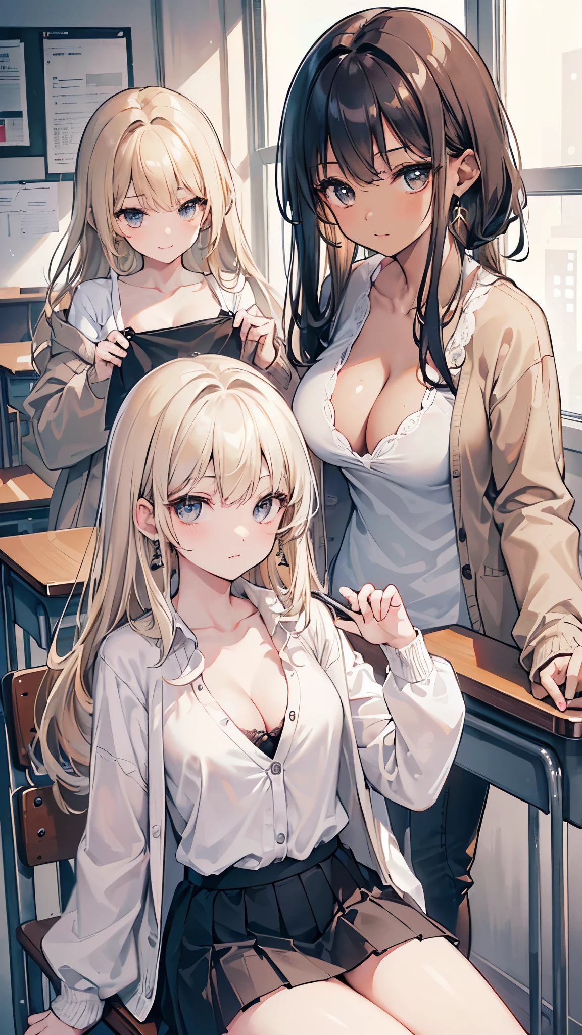 (8K、Highest image quality、highest quality、masterpiece)、detailed face、((brown skin))、((two girls))、blonde、short hair、((The other one has long hair))、gray eyes、evil laugh、earrings、Moderate chest、((cleavage))、((Unbuttoned white shirt))、((gray cardigan))、black pleated skirt、cowboy shot、sit at a desk and chair、classroom background