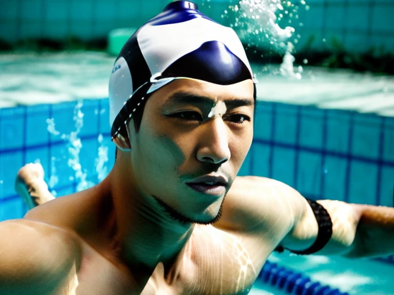 Full body image of a Japanese man、male student、male swimming club member、male lifesaver、Shaved Head Man、Dark-skinned man、muscular man、man sinking in the bathtub、man sinking at the bottom of the pool、man sunk to the bottom of water、A man wearing a skin-tight black speedo swimsuit、A man wearing a silicone cap、A young man sinking with his eyes open、Young man sinking with his mouth open、Man Looking Up At The Sky、A man with a surprised expression、A man with a sad expression、strangled man、man being suffocated、Full body image of a man submerged in water、A man participating in a swimming competition、competitive swimming man、swimming school men、male swimming instructor、one man、male player、A man wearing nothing on his upper body、man pretending to be murdered、male actor playing a corpse、The man who plays the role of a water corpse、Suspense drama、mystery drama、underwater camera、A young man opens his eyes and plays the role of a corpse.