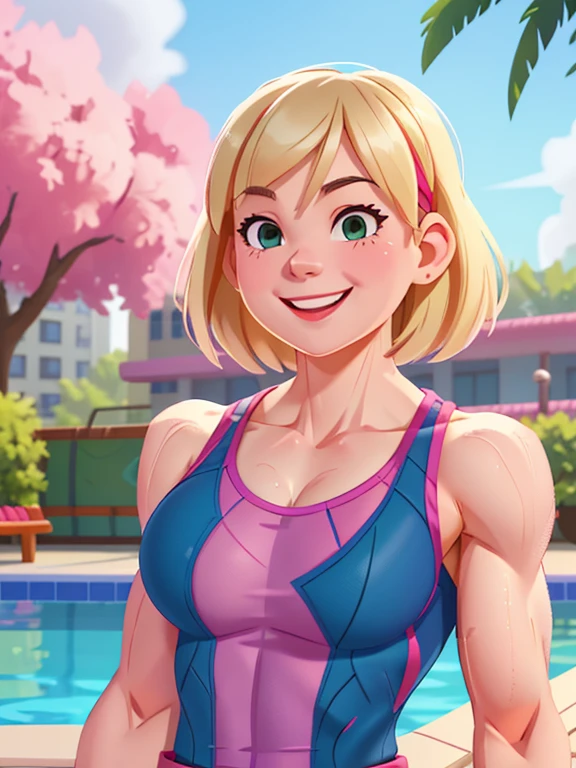 Gwen Stacy, ripped muscle, muscular body, small breast, pale skin, smile, tanktop, sixpack abs, [ultra detailed skin:1.2], 8k uhd, full body, crowd, public, poolside, standing,