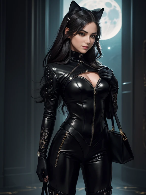 (best quality, hyper detailed, insanely detailed, masterpiece, 8K),Create an image of a young girl with a mischievous grin, dressed as a stylish and skilled thief. She has flowing dark hair and piercing eyes filled with intelligence. She wears a form-fitting black catsuit, complete with gloves and boots, allowing her to move swiftly and silently. She carries a sleek and sophisticated lock-picking kit and holds a small bag of stolen jewels in her hand. The moonlight casts a mysterious glow on her, enhancing her allure as she blends into the shadows."