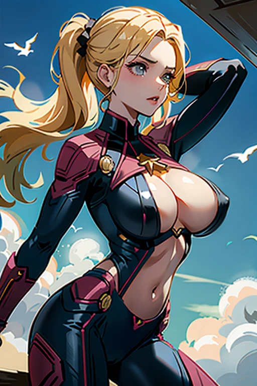 1girl, sky background, busty, cleavage cutout, boob window, large breasts, nsfw, cptMarvel, bodysuit, exposed midriff