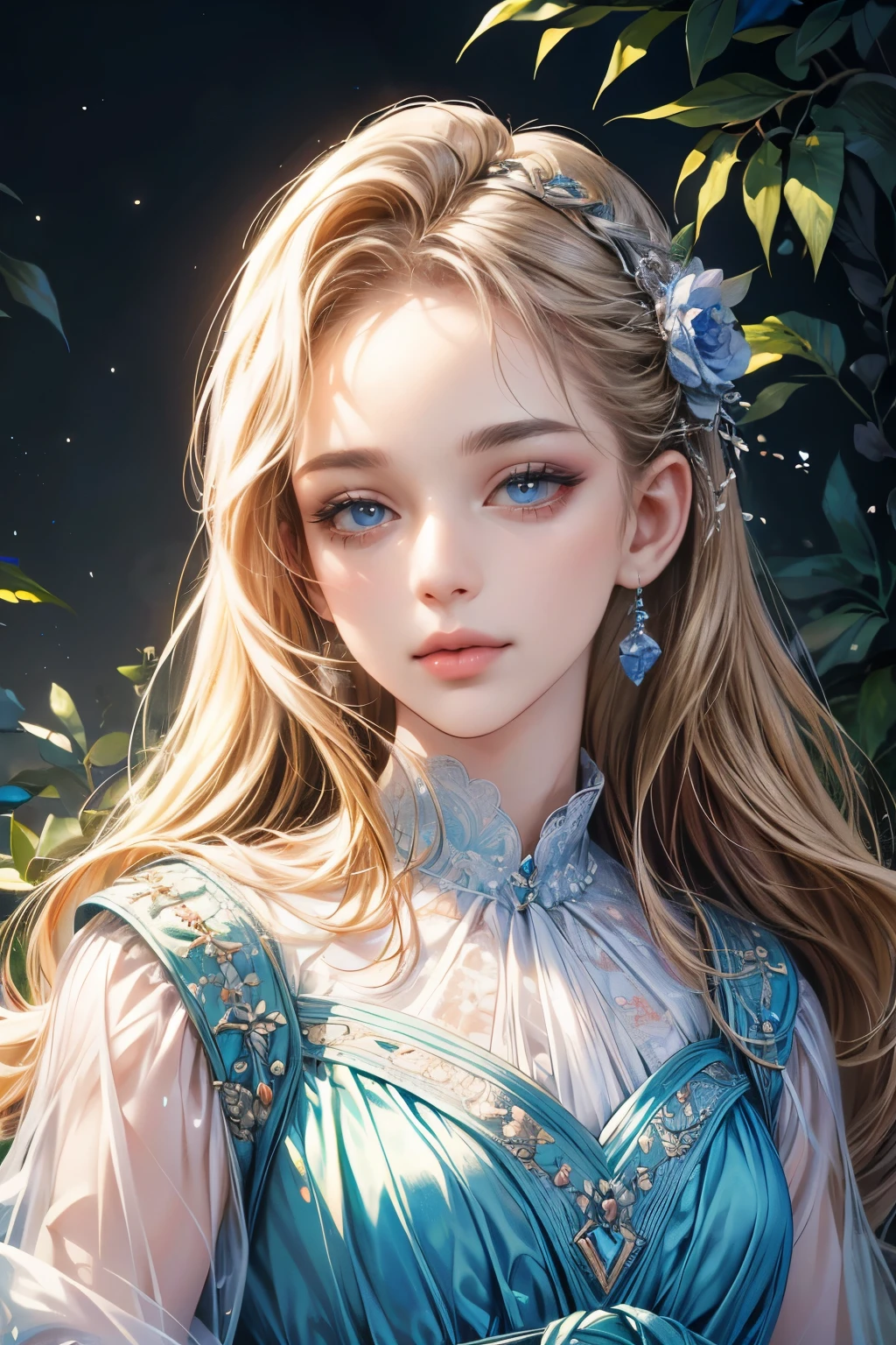 (best quality, 4k, 8k, highres, masterpiece:1.2), ultra-detailed, (realistic, photorealistic, photo-realistic:1.37), CG, upper body, one girl, alone, Thumbelina, little princess, blue taffeta court dress, forest background, intricate facial features, almond-shaped eyes, intricate eye makeup, long eyelashes, bright and clear large eyes with a starry gaze, detailed lip features, soft style