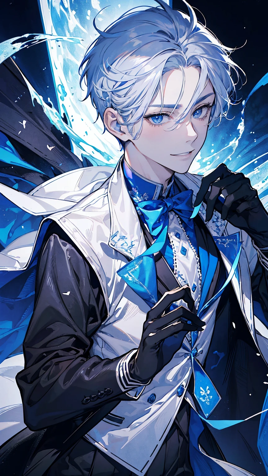 1young man,solo, male photo, confident smile,silver hair, ((short hair)), (short sideburns),light blue eyes, slant eyes,anatomically correct,blue ribbon tie,black gloves,white cloak,black suit,beautiful japanese style background,best quality, high quality,masterpiece, 8K 