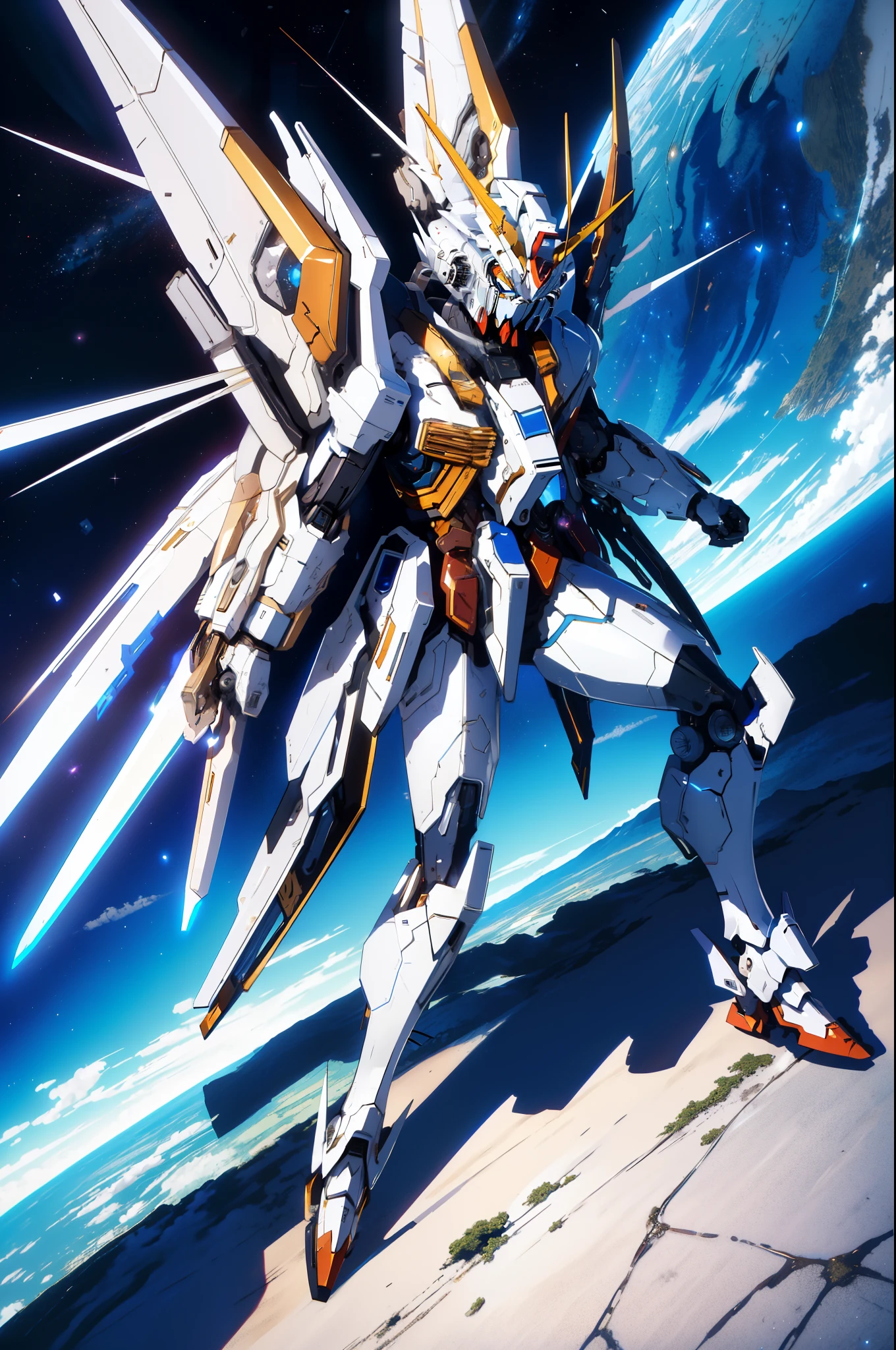 (masterpiece),(best quality),(ultra-detailed),(best illustration),(best shadow),(absurdres),(detailed background), White gundam with silver accents, blue energy wings, Outer space background, 