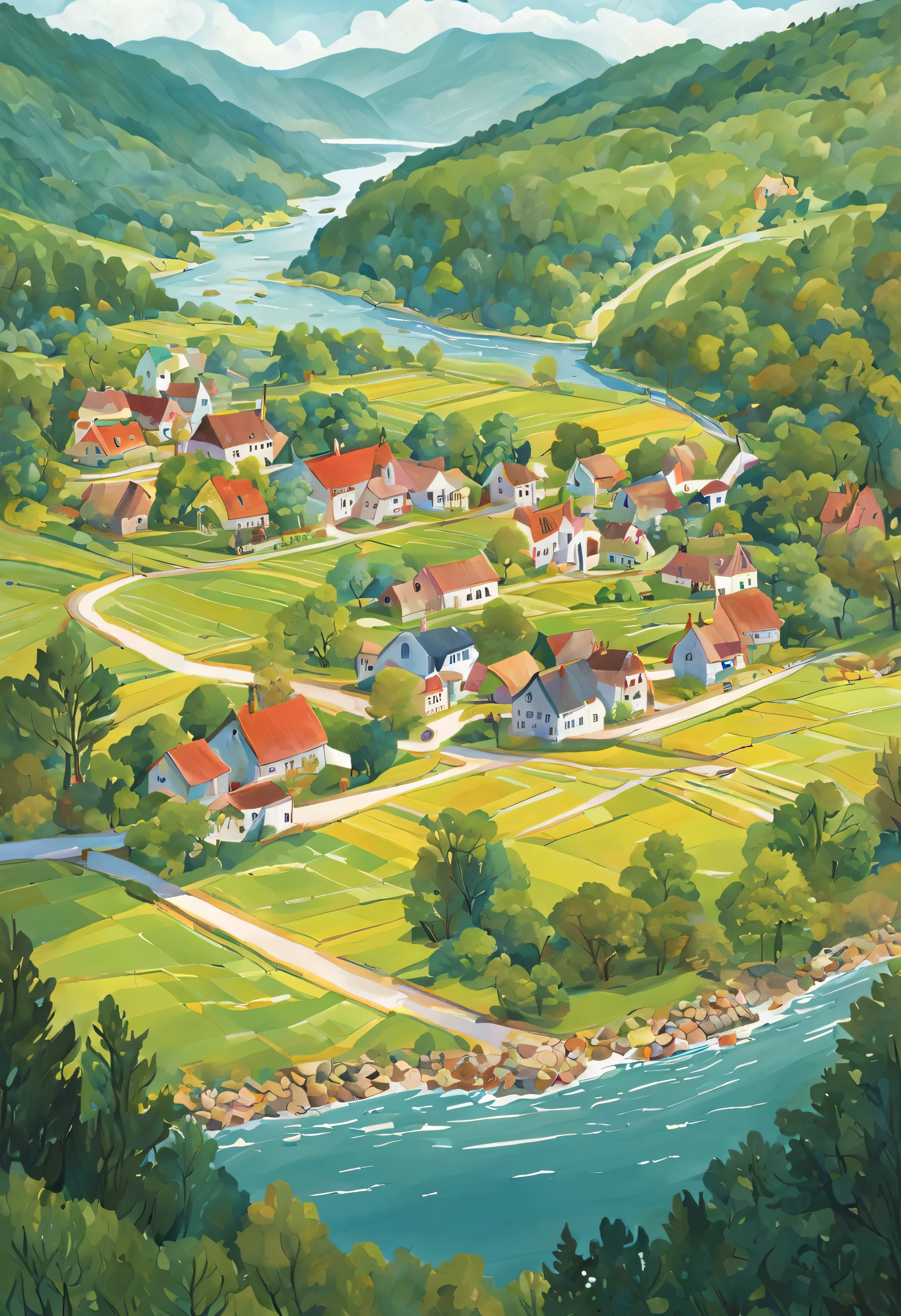 Village map/map/map.A painting of a village with a river and houses, Jane Newland, 以异想天开的风格进行illustration, illustration精美, village in woods, landscape illustration, with trees and rivers, full page illustration, Inspired by Grandma Moses, author：Emily Murray Patterson, illustration!, inspired by Mary Blair, cottage town, author：Tom Scott RSA, beautiful detailed illustration.best composition map(best quality,4K,8k,high resolution,masterpiece:1.2),super detailed.map from above/map/map.