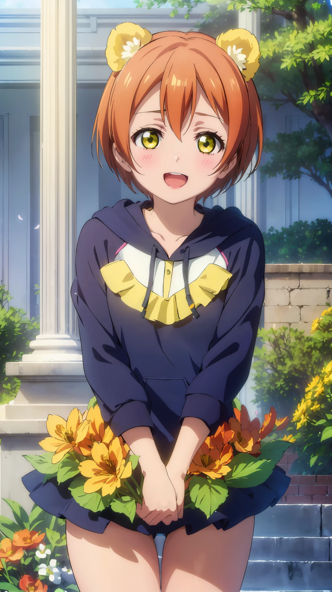 (((pixel-perfect, detail-perfect))), solo, 1girl, rin hoshizora, upper body, ((masterpiece, best quality, high quality)) flowers, shiny pillars, shiny butterflies, magical shiny garden, 1girl, solo, looking at the viewer, happy open mouth, black bear hoody, , green eyes, falling flowerpetals, standing