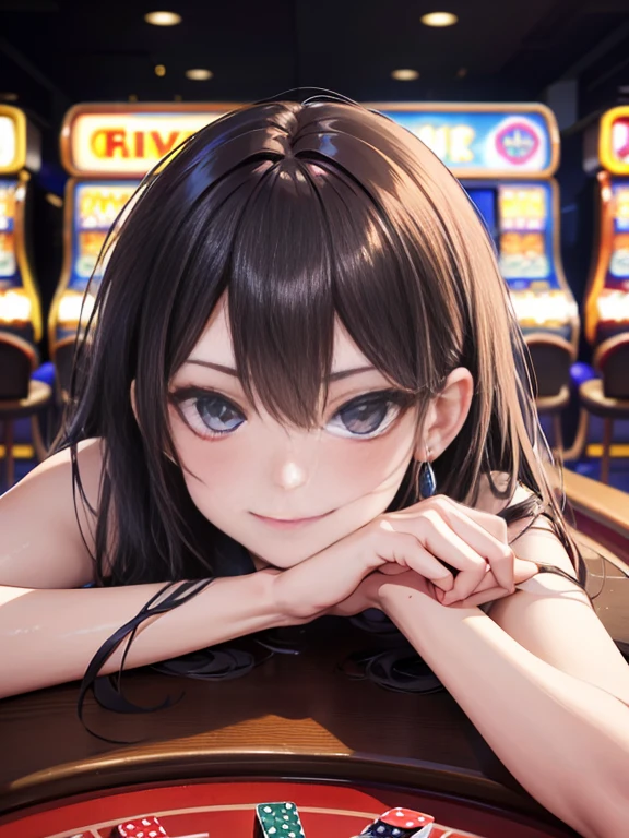 Generate a close-up image of a girl sitting at a casino table. Her elbows are resting on the table and she is intertwining her fingers. She has a mischievous smirk on her face, resembling a devilish smile. Focus on capturing the expressions in her eyes and the subtle details of her facial features."