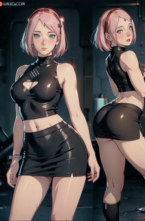 Dynamic poses, ultra detail, large breast, top quality, masterpiece, top quality, jewellery, elegant, blush, turtleneck crop top, navel, six pack, body goals:1.5, hair ornament, full body shot,(Very detailed CG unity 8K wallpaper),best qualtiy,cinematic lighting,beatiful detailed eyes,Bright pupil,Redlip(Very fine and beautiful),(Beautiful and detailed eye description),ultra - detailed,masterpiece,), exposed cleavage, tight skirt, short skirt, stocking:1.5, handsock:1.2, bare shoulder, tight ass, showing ass, multiple angles, multiple views, black clothes, multiple poses