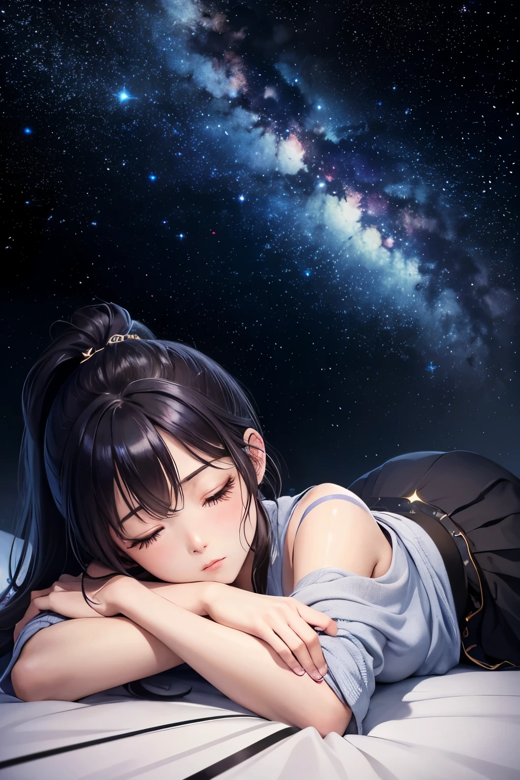 high quality、8k、Realistic anime drawings、In the dark planetarium、Stars on the wall、1 adult female、Age 25、(Long ponytail、skirt、knit)、((lie down on a reclining seat、close your eyes、sleep、blanket))