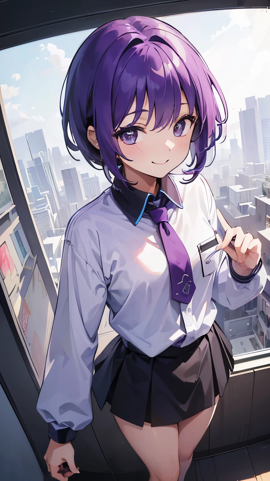 (T Masterpiece,4k wallpaper,best quality))、((girl1people))、(solo)、Brilliant,(purple hair)、(shortcut:1.3)、smile、Standing picture、front