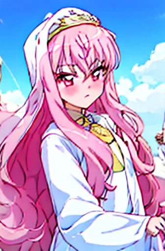 nsfw,Louise Françoise Le Blanc de La Vallière,pink_hair,pink_eye、涙eye、blush、white_robe,robe,white_have,Ceremonial attire,nun