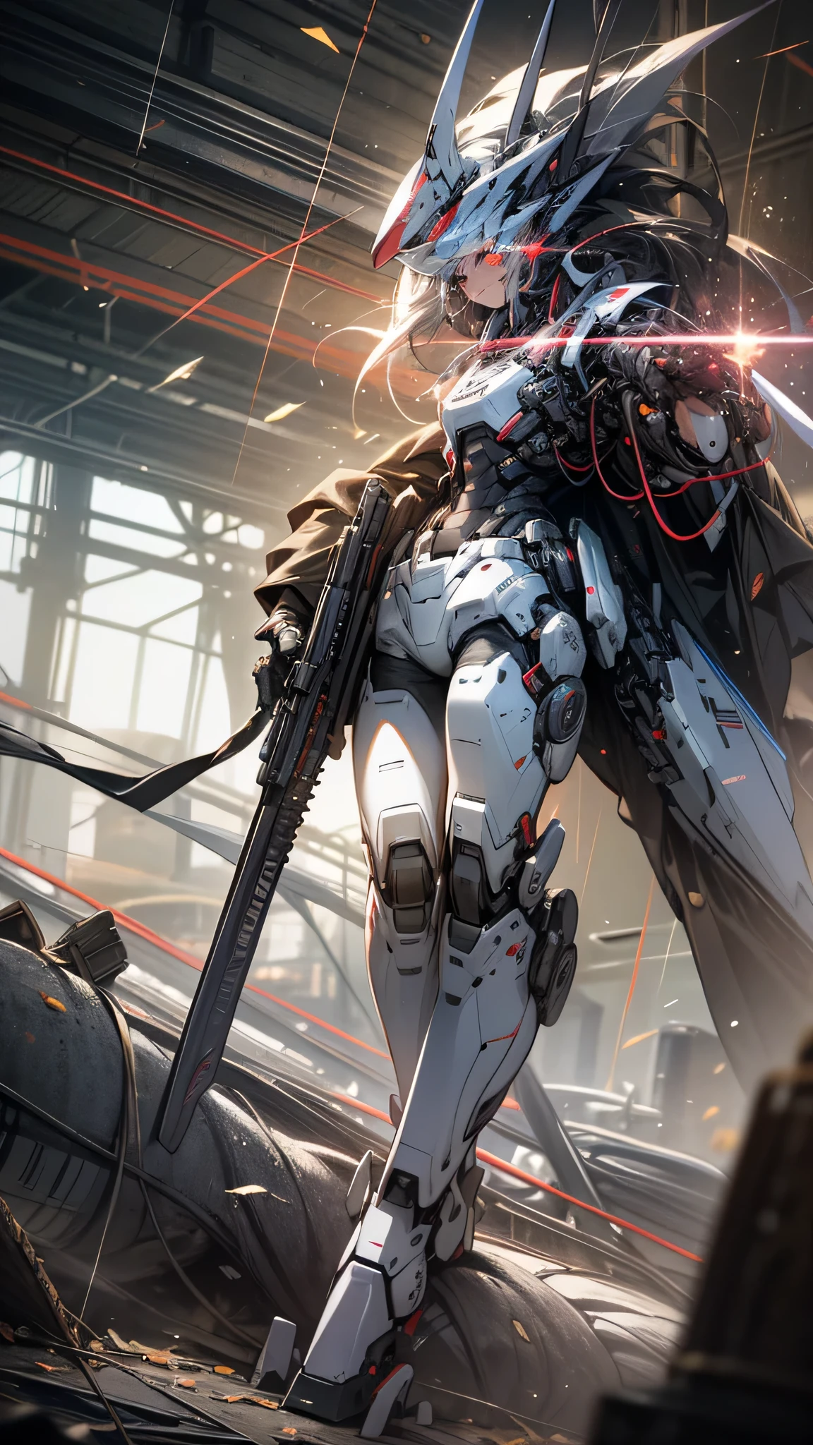 最high quality、best image quality、masterpiece、huge robot((damaged white body、blue light body line、destroyed right arm、Missing left foot、damaged jetpack、Shotgun equipment、sparks come out from the body、red visor、original head、muscular、bulletproof vest,Mechanical face)),high quality、beautiful art、background((dark cavity、underground、red lighting)),debris flies、Depth of written boundary、movie、visual art、perfect art、8K,genuine