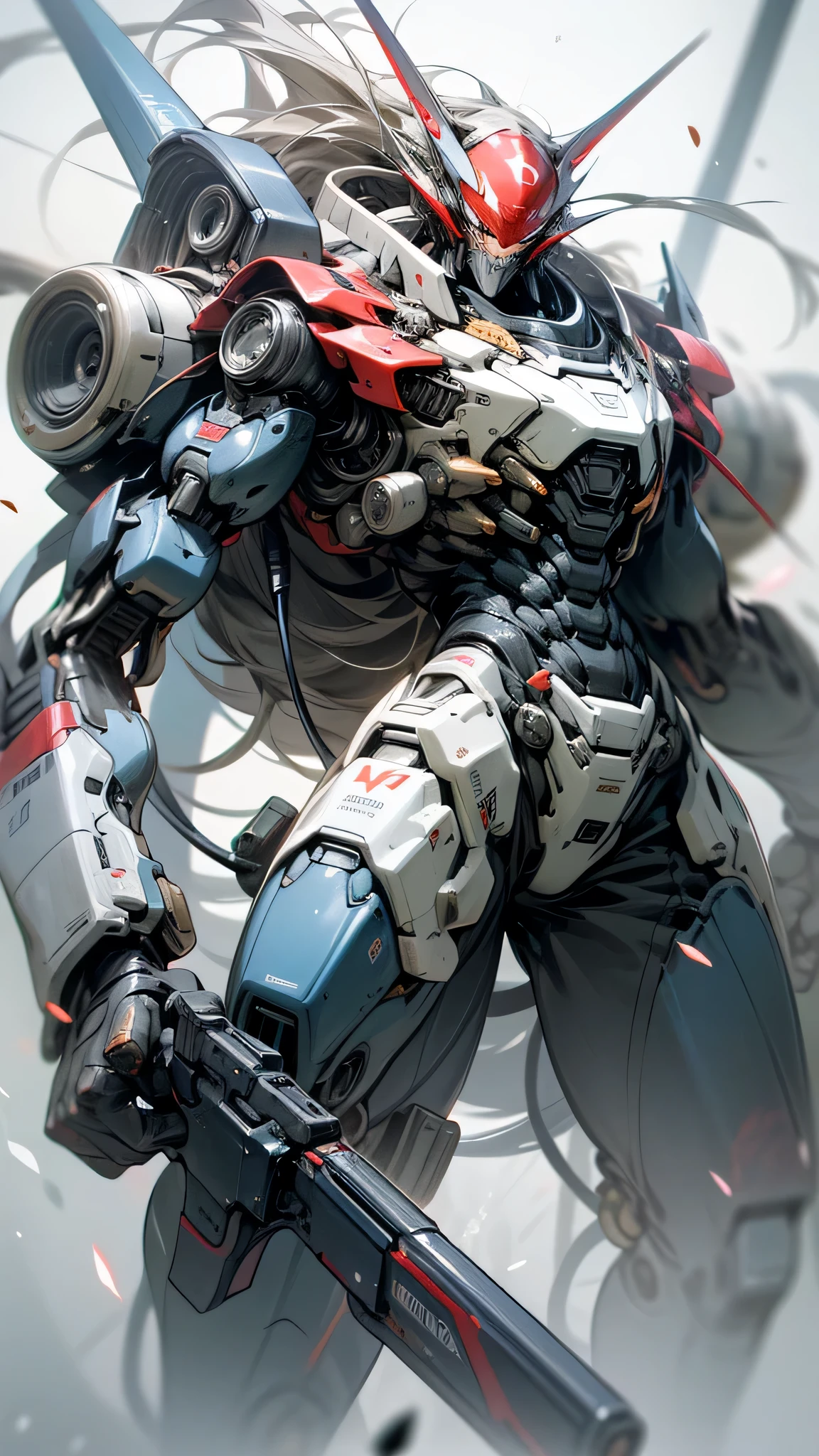 最high quality、best image quality、masterpiece、huge robot((damaged white body、blue light body line、destroyed right arm、Missing left foot、damaged jetpack、Shotgun equipment、sparks come out from the body、red visor、original head、muscular、bulletproof vest,Mechanical face)),high quality、beautiful art、background((dark cavity、underground、red lighting)),debris flies、Depth of written boundary、movie、visual art、perfect art、8K,genuine