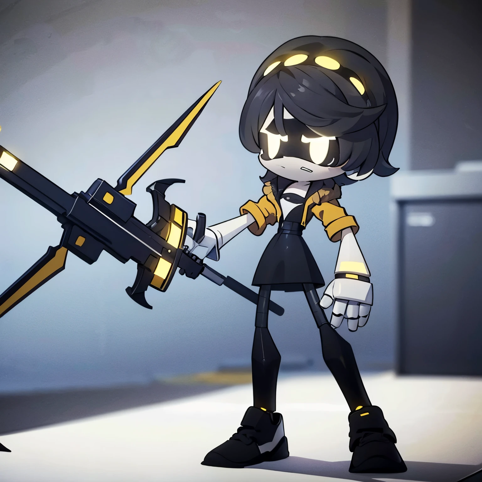 A tall masculine humanoid BOY robot from with weapons with short parted black hair and a white body with yellow and black accents with a frown