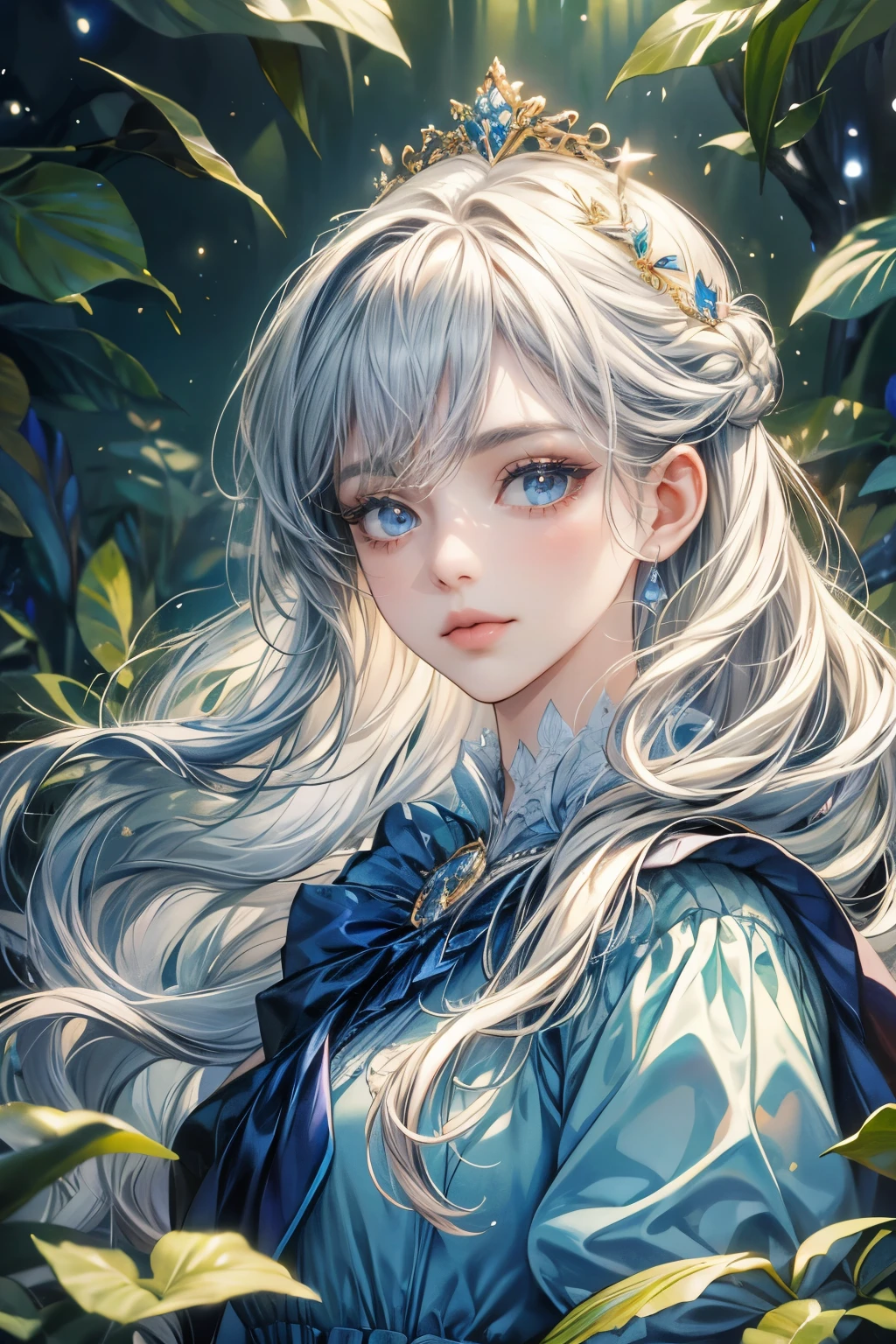 (best quality,1.4), (masterpiece:1.4), ultra-high resolution, 8k, CG, (exquisite:1.2), upper body, 1 girl, alone, Thumbelina, little princess, blue taffeta court gown, forest background, detailed facial features, almond-shaped eyes, intricate eye makeup, long eyelashes, bright and clear big eyes with a starry gaze, detailed lip details, soft style