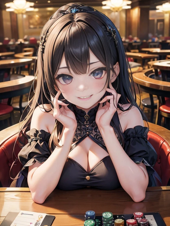 (best quality, hyper detailed, insanely detailed, masterpiece, 8K),Generate a close-up image of a girl sitting at a casino table. Her elbows are resting on the table and she is intertwining her fingers. She has a mischievous smirk on her face, resembling ,smile. Focus on capturing the expressions in her eyes and the subtle details of her facial features."