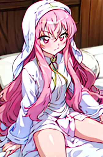 nsfw,、tongue licking,fellatio、Louise Françoise Le Blanc de La Vallière,pink_hair,pink_eye、涙eye、blush、white_robe,robe,white_have,Ceremonial attire,nun