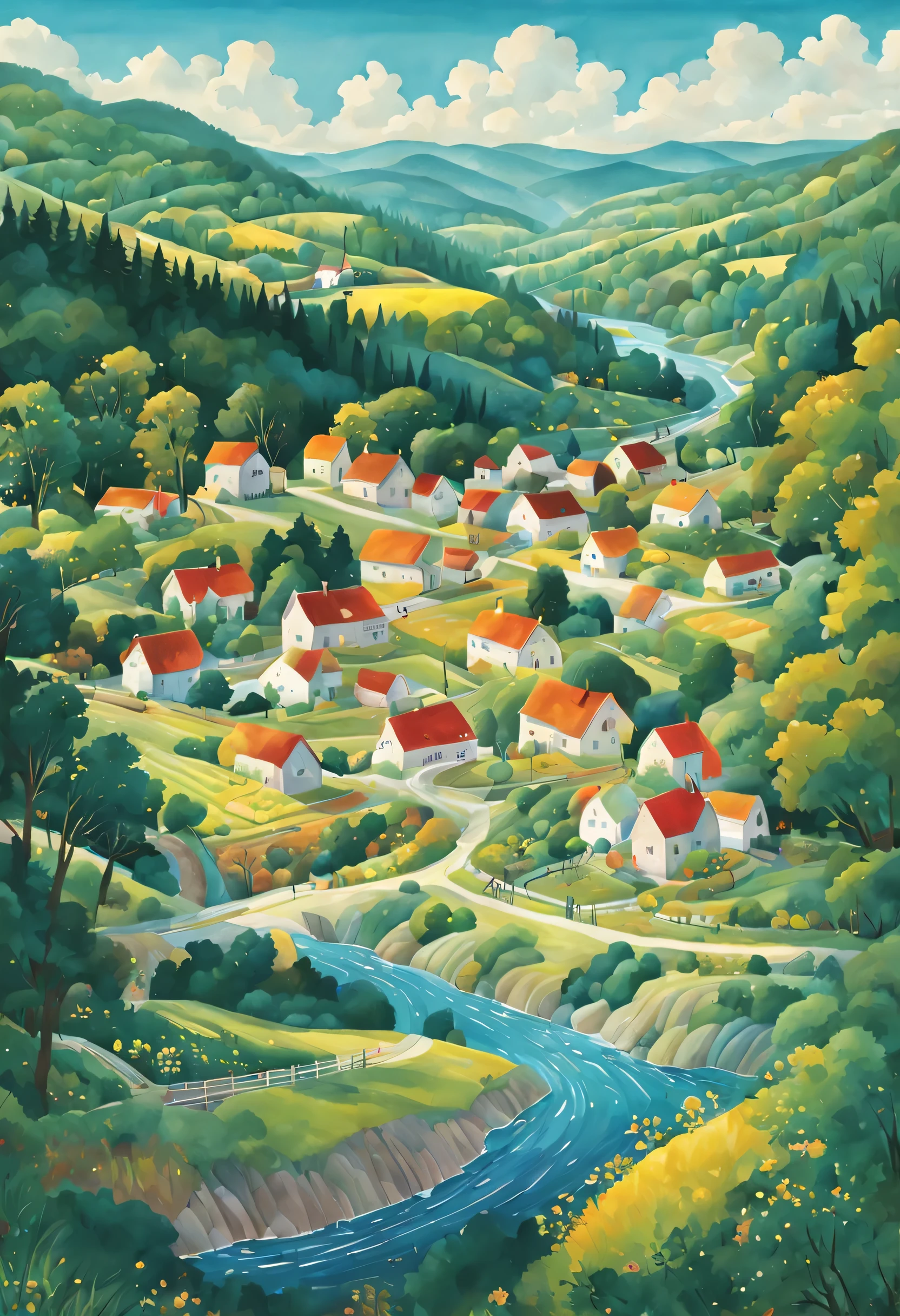 map/map/map.A painting of a village with a river and houses, Jane Newland, 以异想天开的风格进行illustration, illustration精美, village in woods, landscape illustration, with trees and rivers, full page illustration, Inspired by Grandma Moses, author:Emily Murray Patterson, illustration!, inspired by Mary Blair, cottage town, author:Tom Scott RSA, beautiful detailed illustration.best composition map(best quality,4K,8k,high resolution,masterpiece:1.2),super detailed.from abovemap/map/map.