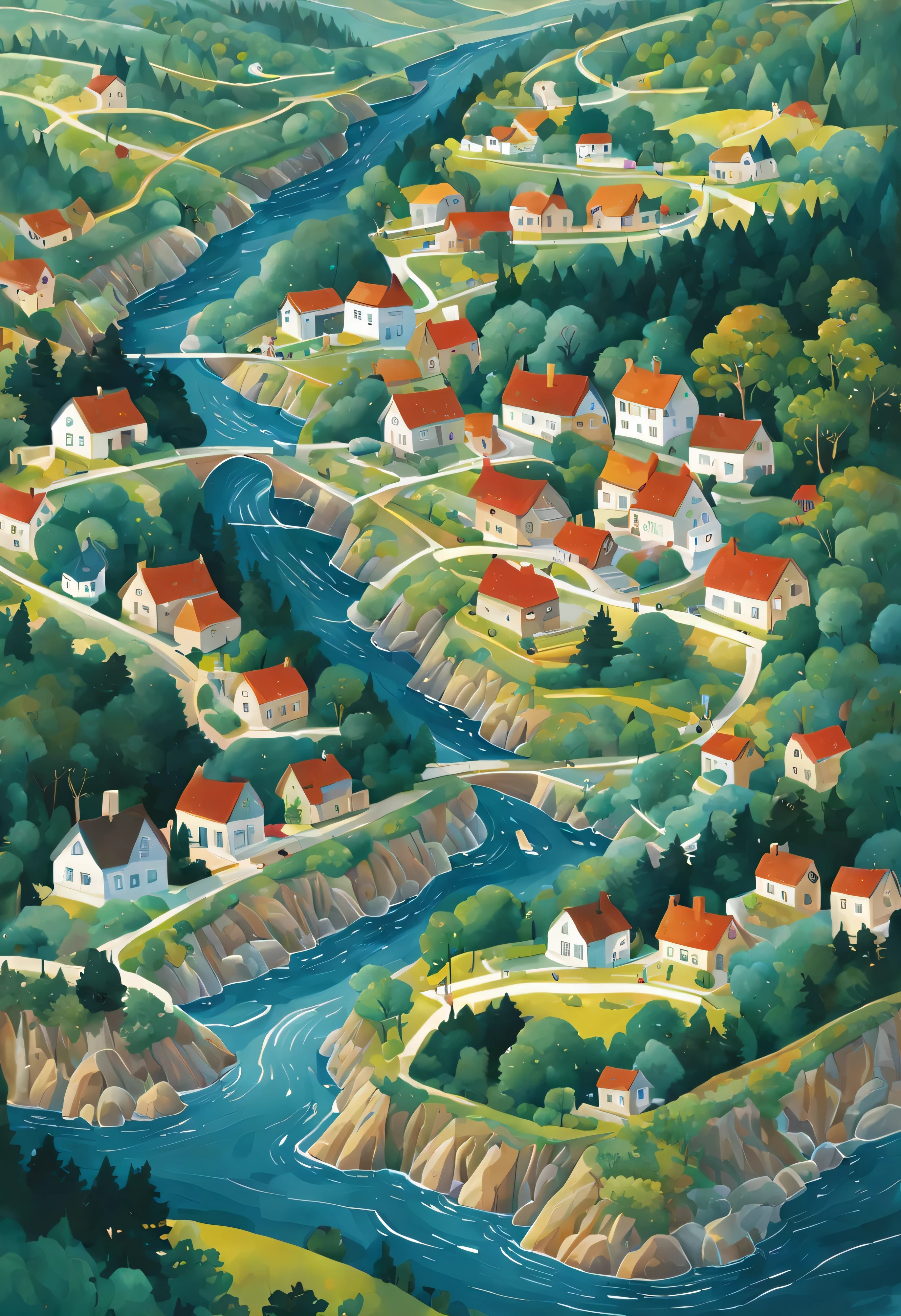 map/map/map.A painting of a village with a river and houses, Jane Newland, 以异想天开的风格进行illustration, illustration精美, village in woods, landscape illustration, with trees and rivers, full page illustration, Inspired by Grandma Moses, author:Emily Murray Patterson, illustration!, inspired by Mary Blair, cottage town, author:Tom Scott RSA, beautiful detailed illustration.best composition map(best quality,4K,8k,high resolution,masterpiece:1.2),super detailed.from abovemap/map/map.