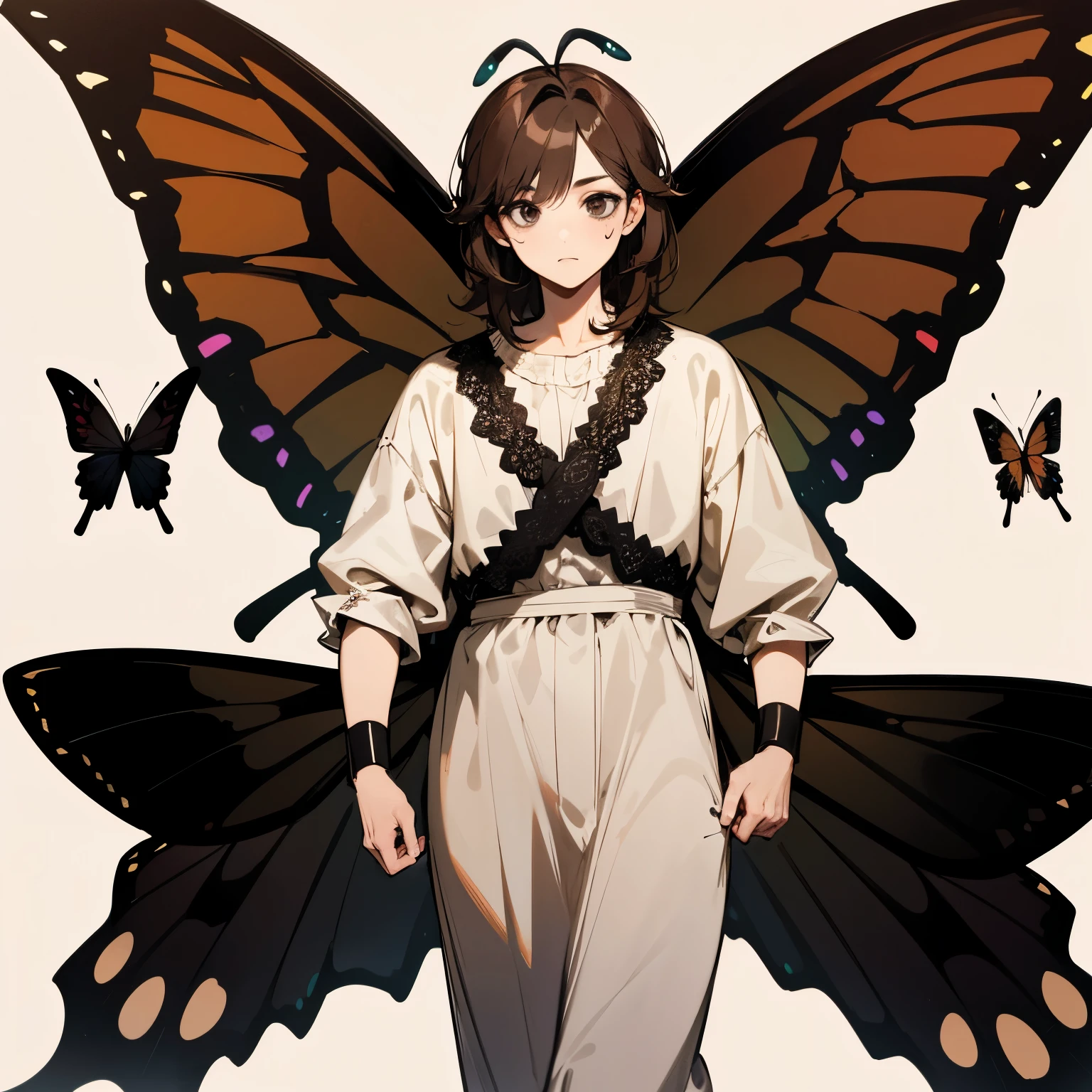 Brown haired Man with butterfly wings big black eyes and antennae