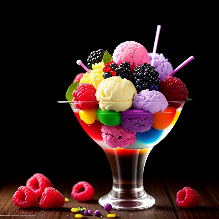 colorful flowers on table,
knickerbocker glory, tall thin glass, colorful ice cream, purple ice cream, raspberries, couli, blueberries, chopped chocolate, icing sugar,  intricate, oil on canvas, masterpiece, expert, insanely detailed, 4k resolution, splash art, concept art, composition, framing, delicate features,