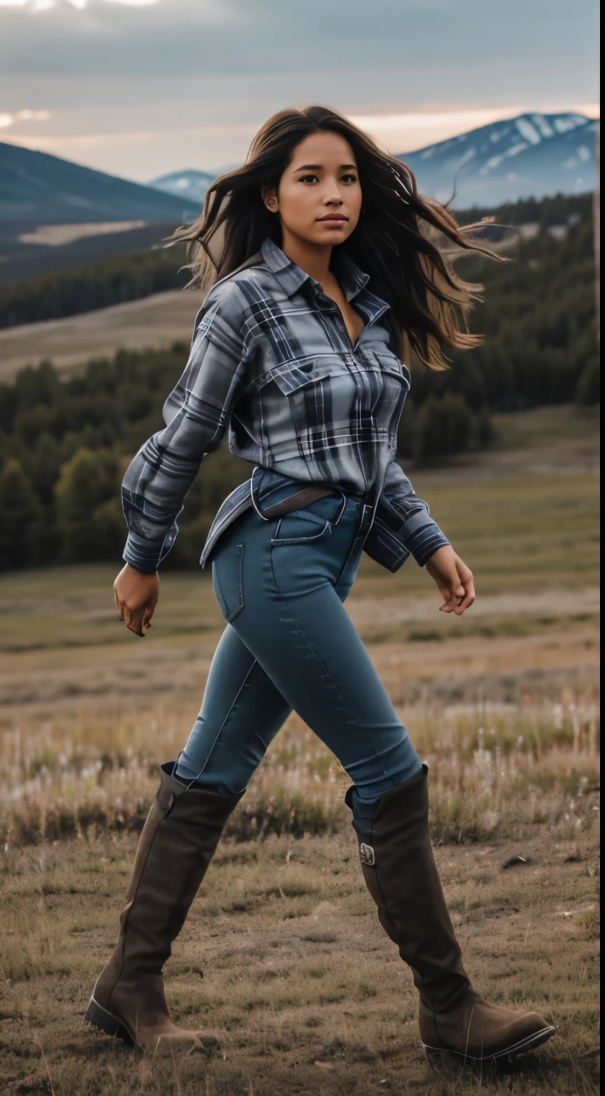 Foto hiperrealista en primer plano de Kelsey Asbille (native American ((light dark skin))) wearing dirty cloths (blue buttoned plaid flannel shirt:1.1) and (blue pants:1.1), (boots:1.2), on the ranch, grey day, Montana mountains in the background, cinematic light, beautiful woman, skinny, large big breasts, black long hair, detailed face, facing the camera, photo taken from a distance, age of 25 years old, camera filter on pastel gray colors,, grey filter on camera, she runs very fast through the meadow