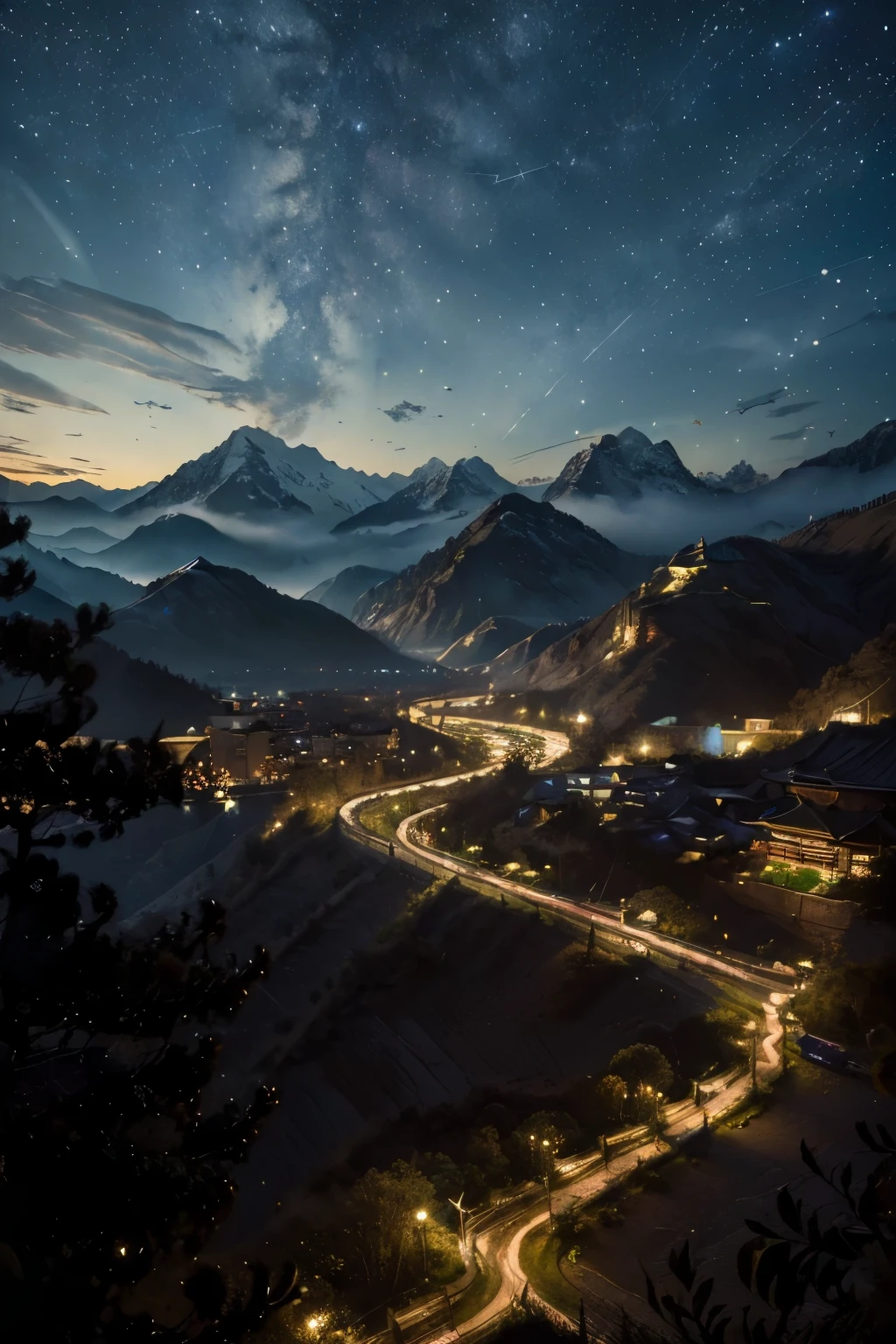 (masterpiece, best quality, highres:1.4), a fantasy chinese city between mountains, starry night sky in which dragons are roaming