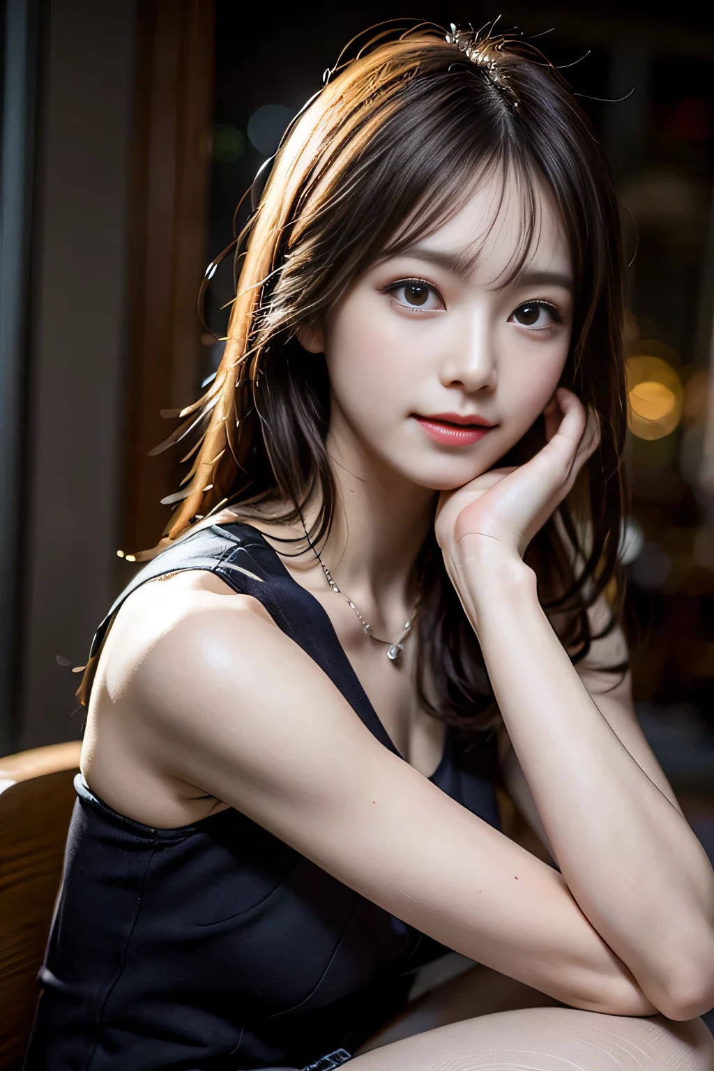 table top, highest quality, shape, Super detailed, finely, High resolution, 8k wallpaper, 完璧なダイナミックな構shape, beautiful and detailed eyes, smile、black dress, medium hair,natural color lip,necklace, ((squat)), (sitting), (body facing forward,face to face:1.3), 20 year old girl, cowboy shot,
