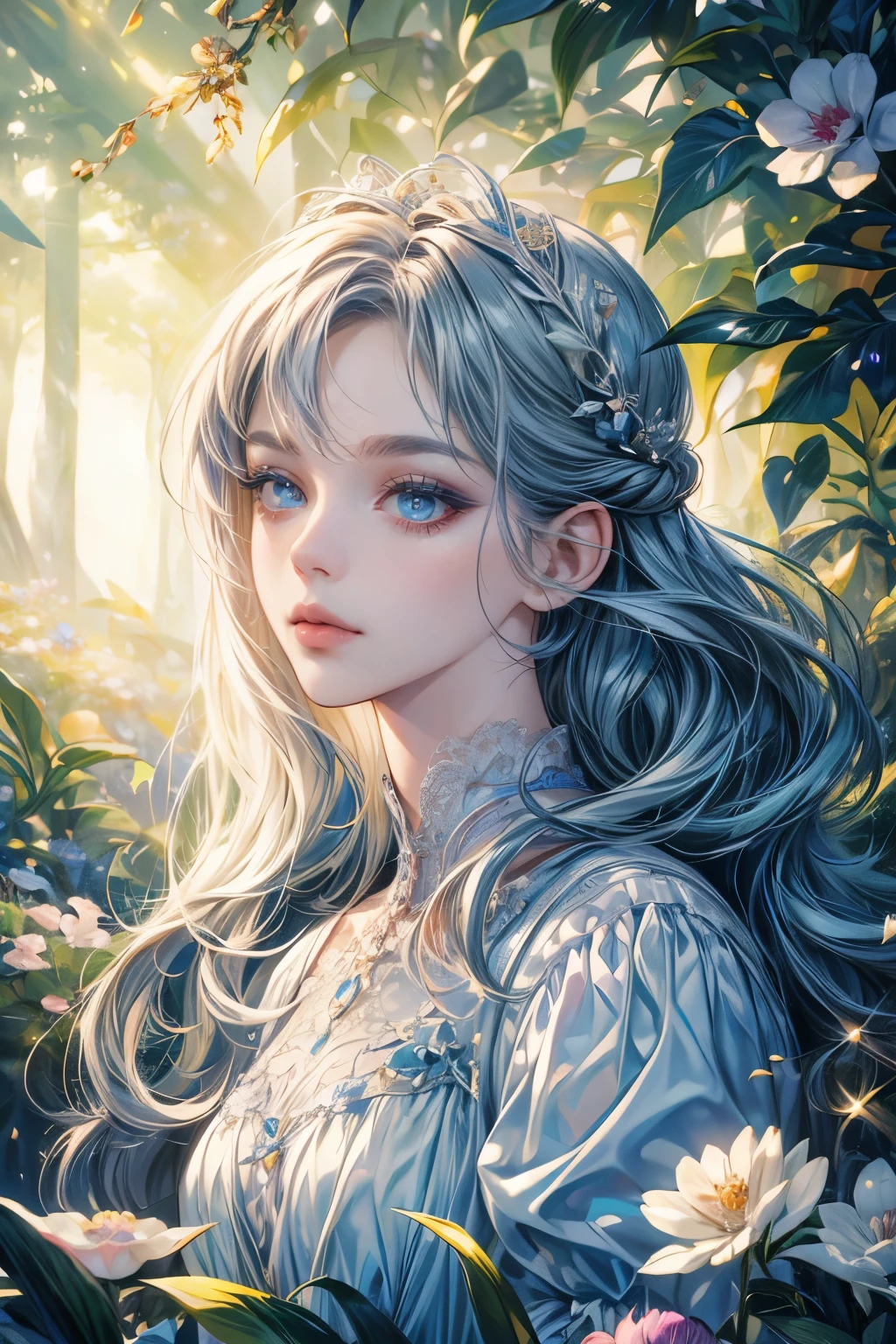 (best quality,1.4), (masterpiece:1.4), ultra-high resolution, 8k, CG, (exquisite:1.2), upper body, 1 girl, alone, Thumbelina, little princess, blue taffeta court gown, forest background, detailed facial features, almond-shaped eyes, intricate eye makeup, long eyelashes, bright and clear big eyes with a starry gaze, detailed lip details, soft style