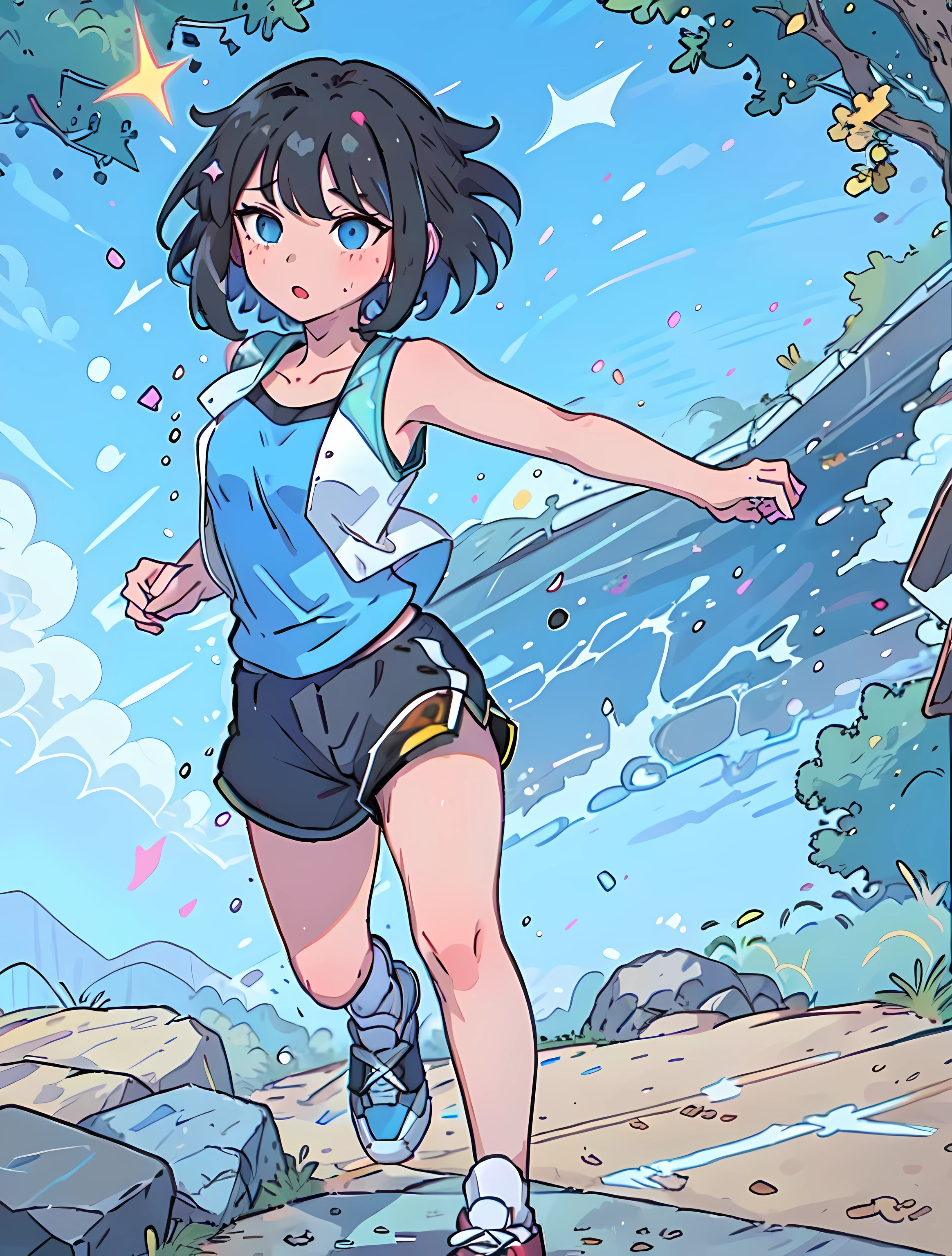 1 girl,short hair, black hair, blue eyes, sweat shorts, sports vest, sports shoes, Jog in the park