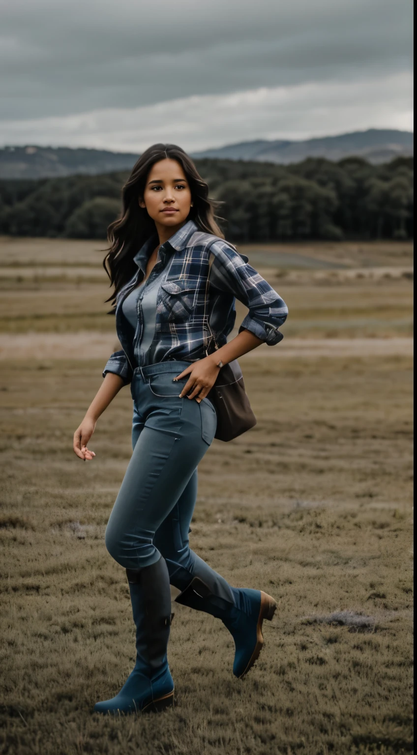 Foto hiperrealista en primer plano de Kelsey Asbille (native American ((light dark skin))) wearing dirty cloths (blue buttoned plaid flannel shirt:1.1) and (blue pants:1.1), (boots:1.2), on the ranch, grey day, horses in the background, cinematic light, beautiful woman, skinny, large big breasts, black long hair, detailed face, facing the camera, photo taken from a distance, age of 25 years old, camera filter on pastel gray colors,, grey filter on camera, she runs very fast through the meadow, horses in the background
